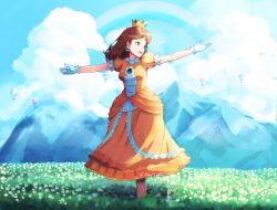 Rule 34 | 1girl, aircraft, artist name, blue eyes, breasts, brooch, brown hair, cloud, crown, daisy, dress, earrings, ellanotte, eyelashes, field, flower, flower earrings, flower field, full body, gloves, hot air balloon, jewelry, long dress, looking to the side, mario (series), medium breasts, medium hair, mountain, nintendo, no socks, open hands, open mouth, orange dress, orange footwear, outdoors, outstretched arms, princess, princess daisy, puffy short sleeves, puffy sleeves, rainbow, short sleeves, signature, solo, spinning, standing, super mario land, white gloves, yellow dress