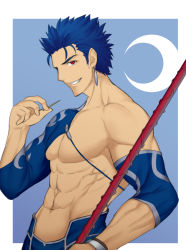 Rule 34 | 1boy, abs, biceps, blue background, collarbone, cowboy shot, crescent, cu chulainn (caster) (fate), cu chulainn (fate), cu chulainn (fate/stay night), cu chulainn (second ascension) (fate), earrings, fate/grand order, fate/stay night, fate (series), gae bolg (fate), grin, holding, holding weapon, igote, jewelry, jian biao dashii kaede, looking at viewer, male focus, muscular, navel, official alternate costume, pectorals, sideburns, simple background, single bare shoulder, smile, solo, weapon, wood