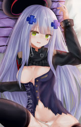 Rule 34 | 1girl, absurdres, arm at side, arm up, bed, bed sheet, beret, black thighhighs, blunt bangs, blush, bow, bow panties, breasts, buttons, cleavage, unworn clothes, clothes writing, clothing aside, collared jacket, cross, damaged, eyes visible through hair, facepaint, girls&#039; frontline, gloves, green eyes, hair censor, hair ornament, hair over breasts, hair over shoulder, hat, unworn hat, head tilt, unworn headwear, heart, heart-shaped pupils, highres, hk416 (girls&#039; frontline), iron cross, jacket, leg up, long hair, looking at viewer, lying, medium breasts, navel, on back, one breast out, open mouth, panties, panties aside, ru zhai, shiny skin, sidelocks, silver hair, sleeve cuffs, smile, solo, stomach, symbol-shaped pupils, teardrop, thighhighs, thighs, torn clothes, torn jacket, underwear, undressing