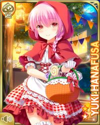 Rule 34 | 1girl, apron, bow, braid, braided ponytail, candy, card (medium), checkered clothes, checkered dress, closed mouth, corset, dress, food, girlfriend (kari), hair ornament, halloween, halloween bucket, halloween costume, hanafusa yuki, hood, hood up, little red riding hood, night, official art, outdoors, pink hair, ponytail, qp:flapper, red bow, red eyes, red hood, shoes, skirt, smile, solo, standing, tagme, thighhighs, trick or treat, white apron, white thighhighs