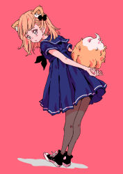 Rule 34 | 1girl, animal ears, arms behind back, black bow, black footwear, black neckerchief, black pantyhose, blonde hair, blue dress, blue eyes, bow, commentary request, dress, fox ears, fox tail, hair bow, highres, karaagetarou, leaning forward, looking at viewer, looking back, medium hair, neckerchief, original, own hands together, pantyhose, red background, sailor dress, shoes, simple background, solo, tail