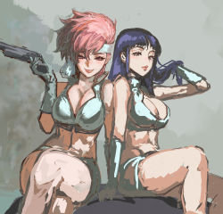 Rule 34 | 2girls, asymmetrical hair, blue hair, blush, breasts, brown eyes, cleavage, closed mouth, commentary, crop top, crossed legs, dirty pair, eyelashes, feet out of frame, fujii eishun, gloves, gun, hair between eyes, hand in own hair, handgun, headband, highres, holding, holding gun, holding weapon, kei (dirty pair), large breasts, lips, lipstick, long hair, looking at viewer, makeup, miniskirt, multiple girls, navel, parted lips, pencil skirt, red eyes, red hair, red lips, short hair, side-by-side, sitting, skirt, sleeveless, smile, stomach, straight hair, swept bangs, thighs, weapon, white gloves, white skirt, yuri (dirty pair)