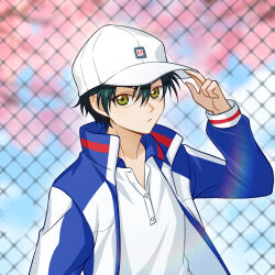 Rule 34 | 1boy, arm up, baseball cap, blue jacket, blurry, blurry background, chain-link fence, closed mouth, collared shirt, depth of field, echizen ryooma, fence, green eyes, green hair, hat, highres, jacket, long sleeves, looking at viewer, male focus, open clothes, open jacket, puffy long sleeves, puffy sleeves, que meng meng, shirt, solo, tennis no ouji-sama, upper body, white hat, white shirt