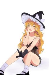 Rule 34 | 1girl, bare shoulders, black footwear, black gloves, black hat, black panties, blonde hair, blurry, blurry foreground, bow, bracelet, colored eyelashes, gloves, hair between eyes, hand up, hat, hat bow, highres, honi (honix3), jewelry, kirisame marisa, knees up, lingerie, long hair, looking at viewer, mary janes, negligee, open mouth, panties, pantyshot, revision, shoes, simple background, sitting, smile, socks, solo, touhou, underwear, wavy mouth, white background, white bow, white socks, witch hat, yellow eyes