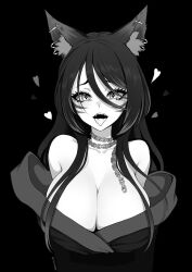 Rule 34 | 1girl, animal ear fluff, animal ear piercing, animal ears, bare shoulders, brassica, breasts, chain necklace, collarbone, earrings, eyelashes, facial mark, greyscale, hair between eyes, heart, highres, indie virtual youtuber, jewelry, large breasts, long hair, lylanxia wolfcubus, monochrome, necklace, sharp teeth, solo, teeth, tongue, tongue out, upper body, upper teeth only, virtual youtuber, whisker markings, wolf ears, wolf girl