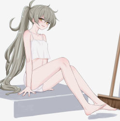 Rule 34 | 1girl, barefoot, breasts, broom, camisole, collarbone, commentary request, eyelashes, feet, full body, grey hair, highres, legs, long bangs, long hair, looking at viewer, messy hair, mustee, no bra, open mouth, original, paid reward available, panties, ponytail, sidelocks, sitting, small breasts, smile, socks, solo, toenails, toes, underwear, underwear only, variant set, very long hair, white panties, white socks, yellow eyes