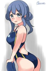 Rule 34 | :d, absurdres, alternate costume, ass, bare shoulders, blue hair, blush, breasts, competition swimsuit, from side, gotland (kancolle), hair bun, highres, kantai collection, large breasts, long hair, mole, mole under eye, noruren, one-piece swimsuit, open mouth, single hair bun, smile, swimsuit, twitter username