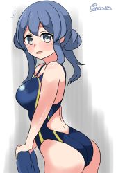 :d absurdres alternate_costume ass bare_shoulders blue_hair blush breasts competition_swimsuit from_side gotland_(kancolle) hair_bun highres kantai_collection large_breasts long_hair mole mole_under_eye noruren one-piece_swimsuit open_mouth single_hair_bun smile swimsuit twitter_username