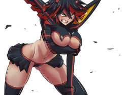 Rule 34 | 10s, 1girl, akira (valzerica), angry, bad id, bad pixiv id, black hair, black thighhighs, blue eyes, blush, boots, breast hold, breasts, clenched teeth, elbow gloves, fang, gloves, hairpods, kill la kill, large breasts, leaning forward, lips, matoi ryuuko, microskirt, multicolored hair, panties, red hair, revealing clothes, scowl, senketsu, short hair, skirt, snarl, solo, sweatdrop, teeth, thigh boots, thighhighs, thighs, two-tone hair, underboob, underwear