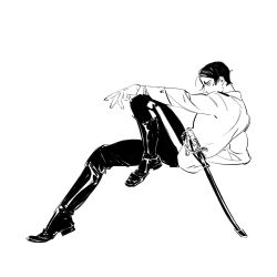 Rule 34 | 1boy, boots, chengongzi123, full body, golden kamuy, greyscale, hand up, highres, invisible chair, jacket, koito otonoshin, looking to the side, male focus, military uniform, monochrome, pants, sheath, sheathed, short hair, simple background, sitting, sword, uniform, very short hair, weapon, white background