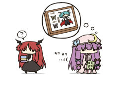 Rule 34 | 2girls, ?, bad id, bad pixiv id, bat wings, blue hair, blunt bangs, book, book stack, bow, box, bug, butterfly, cape, chibi, crescent, dress, dress shirt, female focus, hair bow, hat, head wings, holding, holding book, insect, koakuma, kurokoori, long hair, long sleeves, multiple girls, necktie, no mouth, no nose, patchouli knowledge, purple hair, red hair, shirt, sidelocks, skirt, skirt set, solid oval eyes, striped clothes, striped dress, thought bubble, touhou, vertical stripes, very long hair, vest, white shirt, wide face, wide sleeves, wings, wriggle nightbug
