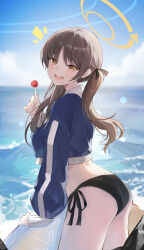 1girl absurdres ass bikini bikini_bottom_only black_bikini blue_archive blue_hoodie blush breasts brown_hair candy commentary_request cropped_hoodie food hair_ribbon halo highres holding holding_candy holding_food holding_lollipop hood hoodie jiang_zhuti_jiojio lollipop long_hair looking_at_viewer medium_breasts moe_(blue_archive) moe_(swimsuit)_(blue_archive) notice_lines official_alternate_costume outdoors ribbon side-tie_bikini_bottom smile solo swimsuit twintails very_long_hair waves