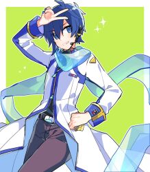 Rule 34 | 1boy, black pants, black shirt, blue hair, blue scarf, border, coat, commentary request, cowboy shot, green background, grin, hand on own hip, hand up, head tilt, kaito (vocaloid), looking at viewer, pants, partially unzipped, scarf, see-through, see-through scarf, shirt, short hair, simple background, smile, v, vocaloid, white coat, yoshiki