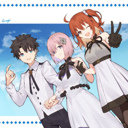 Rule 34 | 1boy, 2girls, ahoge, alternate costume, anniversary, bare shoulders, black gloves, black hair, black neckwear, black pants, blue eyes, blue sky, breasts, brown legwear, brown rose, buttoned cuffs, buttons, chaldea logo, closed mouth, cloud, collared shirt, command spell, commentary request, dress, dual persona, fate/grand order, fate (series), flower, formal, fujimaru ritsuka (female), fujimaru ritsuka (female) (waltz in the moonlight/lostroom), fujimaru ritsuka (male), fujimaru ritsuka (male) (waltz in the moonlight/lostroom), gloves, hair between eyes, hair flower, hair ornament, hair over one eye, hair scrunchie, hiiragi (karashriker), holding hands, light purple hair, long sleeves, looking at viewer, mash kyrielight, mash kyrielight (under the same sky), medium breasts, multiple girls, official alternate costume, one eye closed, open mouth, orange hair, pants, pantyhose, ponytail, purple eyes, rose, scrunchie, see-through, shirt, short hair, side ponytail, signature, sky, sleeveless, sleeveless dress, smile, suit, under the same sky, v, vest, white dress, white flower, white shirt, white vest, wrist cuffs, yellow eyes