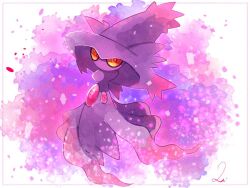 Rule 34 | colored sclera, creatures (company), dress, eyeliner, game freak, gen 4 pokemon, hat, loki (regulus 1111), looking at viewer, makeup, mismagius, monster girl, multicolored background, nintendo, pink gemstone, pokemon, pokemon (creature), purple dress, red eyes, witch hat