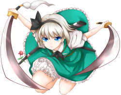 Rule 34 | &gt;:(, 1girl, black ribbon, bloomers, dual wielding, foreshortening, frown, green skirt, green vest, grey hair, hair ribbon, hairband, highres, holding, hoshi (menma), katana, konpaku youmu, leaning forward, looking at viewer, puffy short sleeves, puffy sleeves, ribbon, scabbard, sheath, short hair, short sleeves, skirt, skirt set, solo, sword, touhou, underwear, unsheathed, v-shaped eyebrows, vest, weapon, white background