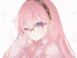 Rule 34 | 1girl, artist name, black hairband, blue eyes, closed mouth, commentary, glasses, hairband, long hair, long sleeves, looking at viewer, megurine luka, over-rim eyewear, pink hair, pink sweater, project diva (series), red-framed eyewear, renren (pixiv22963369), semi-rimless eyewear, sleeves past wrists, smile, solo, sweater, triangle, upper body, very long hair, vocaloid, yurufuwa koode (module)