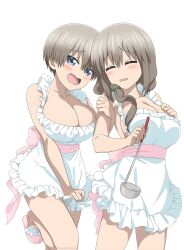 Rule 34 | 2girls, absurdres, apron, armpits, blue eyes, breasts, cleavage, closed eyes, fang, female focus, frills, grey hair, hair ornament, highres, holding, holding ladle, ladle, large breasts, long hair, looking at viewer, mother and daughter, multiple girls, naked apron, official art, open mouth, sandals, short hair, simple background, smile, uzaki-chan wa asobitai!, uzaki hana, uzaki tsuki