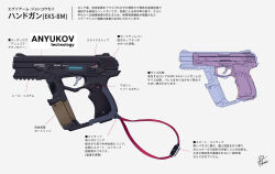 Rule 34 | arms note, character sheet, commentary request, electronic firearm, electrothermal-chemical gun, english text, from side, fukai ryosuke, gun, handgun, mp-443 grach, signature, simple background, size comparison, strap, translation request, weapon, weapon focus