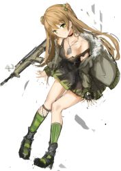 Rule 34 | 1girl, blush, brown hair, bullpup, camouflage, choker, dog tags, double bun, fingerless gloves, full body, fur-trimmed jacket, fur trim, girls&#039; frontline, gloves, green eyes, gun, hair bun, jacket, kel-tec rfb, long hair, looking at viewer, rfb (girls&#039; frontline), rifle, semi-automatic firearm, semi-automatic rifle, smile, socks, solo, strap slip, striped clothes, striped socks, tank top, unitsu, vertical-striped clothes, vertical-striped socks, weapon