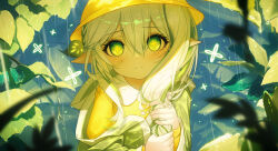 Rule 34 | 1girl, blurry, blurry foreground, blush, braid, closed mouth, collared shirt, commentary request, cross-shaped pupils, depth of field, genshin impact, green eyes, green hair, green jacket, grey hair, h2o (dfo), hair between eyes, hat, highres, hood, hood down, hooded jacket, jacket, long hair, looking at viewer, multicolored hair, nahida (genshin impact), pointy ears, rain, school hat, shirt, side ponytail, solo, streaked hair, symbol-shaped pupils, yellow hat, yellow shirt