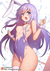 Rule 34 | 1girl, :o, animal ears, blush, bodypaint, bow, bowtie, breasts, commentary request, cowboy shot, detached collar, dissolving clothes, erina (rabi-ribi), eyes visible through hair, false clothes, hair between eyes, long hair, looking at viewer, md5 mismatch, medium breasts, navel, nipples, nude, open mouth, painted clothes, patreon, patreon logo, patreon username, purple eyes, purple hair, rabbit ears, rabbit tail, rabi-ribi, red bow, red bowtie, resolution mismatch, single thighhigh, solo, source larger, tail, thighhighs, very long hair, waero, white thighhighs, wrist cuffs