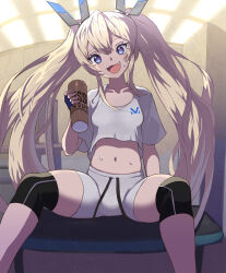 Rule 34 | 1girl, :d, alternate costume, bandaid, bandaid on cheek, bandaid on face, blonde hair, blue eyes, bottle, breasts, collarbone, cropped shirt, fang, goddess of victory: nikke, gym shirt, gym shorts, hair between eyes, headgear, highres, holding, holding bottle, indoors, knee pads, laplace (nikke), long hair, navel, open mouth, shirt, shorts, sidelocks, sitting, small breasts, smile, solo, spread legs, sweat, syope, twintails