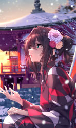 Rule 34 | 1girl, architecture, blue eyes, blurry, blurry background, brown hair, chigami hikage, commentary request, east asian architecture, flower, from side, hair between eyes, hair bun, hair flower, hair ornament, hanikami kanojo, japanese clothes, kimono, multicolored clothes, multicolored kimono, open mouth, original, outdoors, piromizu, sidelocks, single hair bun, sitting, snow