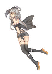 Rule 34 | 1girl, absurdres, ass, bare shoulders, black legwear, boots, bow, camisole, chain, choker, detached sleeves, drill hair, fingerless gloves, frills, full body, gloves, green eyes, grey hair, hair bow, highres, long hair, looking at viewer, looking back, luo tianyi, microskirt, onceskylark, open mouth, skirt, solo, twin drills, underwear, vocaloid, vocanese, white background