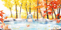 Rule 34 | 1girl, blue eyes, blue hair, breasts, collarbone, day, floating hair, hair between eyes, hair ornament, hatsune miku, highres, leaf, long hair, nude, onsen, open mouth, outdoors, partially submerged, sanaa, sitting, small breasts, snow, solo, tree, twintails, very long hair, vocaloid