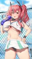 Rule 34 | 1girl, absurdres, azur lane, bare shoulders, black panties, bottle, breasts, bremerton (azur lane), bremerton (scorching-hot training) (azur lane), chain-link fence, cowboy shot, crop top, crop top overhang, day, fence, gluteal fold, gradient hair, grey hair, hair ornament, highres, large breasts, lomocya, looking at viewer, midriff, multicolored hair, navel piercing, no mole, open mouth, outdoors, panties, piercing, pink eyes, pink hair, racket, shiny skin, shirt, sleeveless, sleeveless shirt, solo, sportswear, standing, streaked hair, tennis racket, tennis uniform, thighs, twintails, two-tone shirt, two-tone skirt, underboob, underwear, water bottle, x hair ornament