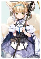 Rule 34 | 1girl, animal ears, arknights, bare shoulders, black gloves, blonde hair, blue hairband, braid, commentary, cowboy shot, dress, fox ears, fox girl, fox tail, frilled dress, frills, gloves, green eyes, hairband, highres, holding, holding staff, kitsune, looking at viewer, material growth, multicolored hair, multiple tails, omochi kuitai, oripathy lesion (arknights), pantyhose, pouch, purple dress, short hair, single glove, single wrist cuff, smile, solo, staff, streaked hair, suzuran (arknights), tail, white dress, white hair, white pantyhose, white wrist cuffs, wrist cuffs