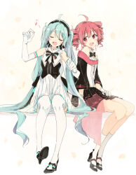 Rule 34 | 2girls, :d, ahoge, aqua hair, black bow, black bowtie, black footwear, black skirt, blush, bow, bowtie, closed eyes, commentary, detached sleeves, dress, drill hair, elbow gloves, full body, gloves, hatsune miku, high heels, invisible chair, kasane teto, looking at another, miku symphony (vocaloid), multiple girls, musical note, open mouth, red eyes, red hair, shiina kuro, simple background, sitting, skirt, smile, symbol-only commentary, thighhighs, twin drills, twintails, vocaloid, white background, white dress, white gloves, white thighhighs
