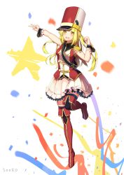 Rule 34 | 1girl, :d, artist name, bang dream!, blonde hair, blush, boots, commentary request, epaulettes, hat, highres, long hair, open mouth, pleated skirt, red footwear, red shirt, red thighhighs, seero, shako cap, shirt, skirt, sleeveless, sleeveless shirt, smile, solo, standing, standing on one leg, star (symbol), thigh boots, thighhighs, thighs, tsurumaki kokoro, v, very long hair, white skirt, wrist cuffs, yellow eyes
