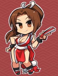 Rule 34 | 1girl, breasts, brown eyes, brown hair, chibi, cleavage, fatal fury, folding fan, full body, hand fan, hand on own hip, ibara., long hair, looking at viewer, paper fan, pelvic curtain, ponytail, red background, shiranui mai, smile, solo