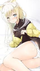 Rule 34 | 1girl, animal ears, arknights, black shirt, black skirt, blonde hair, blue eyes, blush, cat ears, clothes lift, feet out of frame, hair ornament, heterochromia, highres, kusunoki (gwzx5574), long hair, looking at viewer, lying, nightmare (arknights), on side, panties, panty pull, pleated skirt, shirt, skirt, skirt lift, solo, sweater, thighs, underwear, wavy mouth, white background, white panties, yellow eyes, yellow sweater