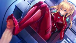 Rule 34 | 1girl, blonde hair, blue eyes, blush, bodysuit, breasts, breasts apart, censored, chair, embarrassed, erection, feet, footjob, from below, game cg, groin, huracan, indoors, kyonyuu onna shikan sennou saimin, large breasts, legs, legs together, lisa lindy, long hair, looking at viewer, looking down, lune (company), mosaic censoring, naughty face, original, out of frame, penis, pilot suit, red bodysuit, sitting, smile, solo focus, thighs, twintails
