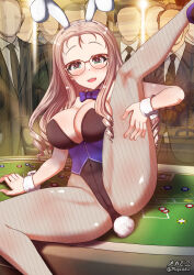 Rule 34 | 1girl, 6+boys, animal ears, black leotard, blush, cameltoe, casino, covered erect nipples, covered navel, fake animal ears, fake tail, fishnet pantyhose, fishnets, girls und panzer, glasses, green eyes, highres, indoors, leotard, looking at viewer, marie (girls und panzer), megadeko, multiple boys, open mouth, pantyhose, playboy bunny, rabbit ears, rabbit tail, smile, spread legs, tail