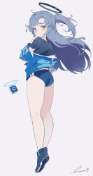 Rule 34 | 1girl, absurdres, ass, blue archive, blue eyes, blush, buruma, closed mouth, full body, grey background, gym uniform, halo, highres, jacket, long hair, looking at viewer, official alternate costume, p1up1u, parted bangs, ponytail, purple eyes, purple hair, shirt, shoes, signature, solo, standing, thighs, very long hair, white background, yuuka (blue archive), yuuka (track) (blue archive)
