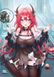 Rule 34 | 1girl, 1other, arknights, black dress, black jacket, black thighhighs, breasts, cleavage, demon horns, detached collar, doctor (arknights), dress, fang, food, highres, holding, holding food, horns, ice cream, ice cream cone, infection monitor (arknights), jacket, large breasts, long hair, open mouth, popsicle, purple eyes, red hair, saiko (saisaka), skin fang, speech bubble, spoken character, surtr (arknights), tears, thighhighs, v-shaped eyebrows