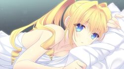 Rule 34 | 1girl, bare arms, bed sheet, blonde hair, blue eyes, breasts, cleavage, collarbone, drill hair, game cg, hair between eyes, hair intakes, indoors, long hair, looking at viewer, lying, medium breasts, nishimata aoi, on stomach, parted lips, pillow, solo, suzuhira hiro, tsuki ni yorisou otome no sahou, twintails, under covers, ursule fleur jeanmaire