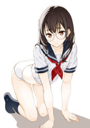Rule 34 | 1girl, absurdres, all fours, black hair, black socks, blue sailor collar, brown eyes, closed mouth, commentary, cropped shirt, glasses, highres, light frown, looking at viewer, medium hair, moonsorrow, neckerchief, no pants, no shoes, original, panties, red neckerchief, rimless eyewear, round eyewear, sailor collar, school uniform, serafuku, shadow, shirt, short sleeves, simple background, socks, solo, underwear, white background, white panties, white shirt