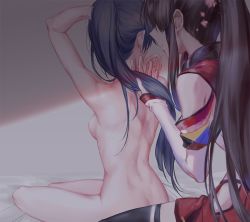 Rule 34 | 10s, 2girls, arms up, azmodan, black hair, breasts, brown hair, flower, from behind, hair flower, hair ornament, hip vent, kantai collection, long hair, multiple girls, nude, ponytail, sideboob, sitting, skirt, thighhighs, very long hair, yahagi (kancolle), yamato (kancolle), yuri