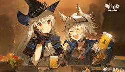 Rule 34 | 2girls, absurdres, arknights, bear, beer glass, black gloves, black headwear, blue gloves, bow, bowtie, closed eyes, cup, food, fruit, glass, gloves, grani (arknights), hair between eyes, hat, highres, holding, holding cup, jacket, long hair, multiple girls, open mouth, police, police uniform, ponytail, red eyes, shirt, silver hair, skadi (arknights), smile, sun hat, uniform, upper body, yayako (804907150)