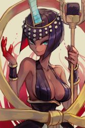Rule 34 | 1girl, black dress, blood, blood on hands, blue eyes, blunt bangs, bracer, breasts, closed mouth, dark-skinned female, dark skin, dress, eliza (skullgirls), halterneck, headpiece, holding, holding staff, hungry clicker, large breasts, looking at viewer, pinky out, purple hair, short hair, skullgirls, smile, solo, staff, upper body
