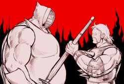 Rule 34 | 2boys, armor, artist request, biceps, big the budo, clenched hands, facial hair, greyscale with colored background, helmet, holding, holding sword, holding weapon, kinnikuman, looking at another, manly, multiple boys, muscular, mustache, neptuneman, open mouth, serious, spikes, sword, tag team, weapon, wooden sword