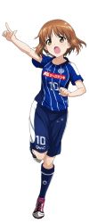 Rule 34 | 10s, 1girl, artist request, ball, cleats, full body, girls und panzer, index finger raised, j. league, mito hollyhock, nishizumi miho, open mouth, running, short hair, simple background, soccer, soccer ball, soccer uniform, solo, source request, sportswear, transparent background, white background