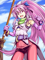 Rule 34 | 1girl, :d, ahoge, arche klein, broom, female focus, gloves, hair ribbon, happy, kyo9999, long hair, open mouth, outdoors, pants, pink eyes, pink hair, pink pants, ponytail, ribbon, scarf, sidelocks, sky, smile, solo, tales of (series), tales of phantasia, wide ponytail
