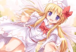 Rule 34 | 1girl, blonde hair, blue eyes, blush, bow, capelet, dress, fairy wings, female focus, hat, hat bow, highres, lily white, long hair, long sleeves, looking at viewer, lzh, open mouth, outstretched arms, petals, smile, solo, touhou, white dress, wings