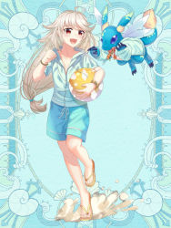 Rule 34 | 1girl, :d, ahoge, ball, beachball, blue background, blue eyes, blue shirt, blue shorts, bracelet, brown eyes, clenched hand, dragon, full body, hand up, holding, holding ball, jewelry, long hair, low-tied long hair, open mouth, original, sandals, seashell print, shirt, shorts, smile, solo, standing, standing on one leg, tsukasa (ilqmplim)